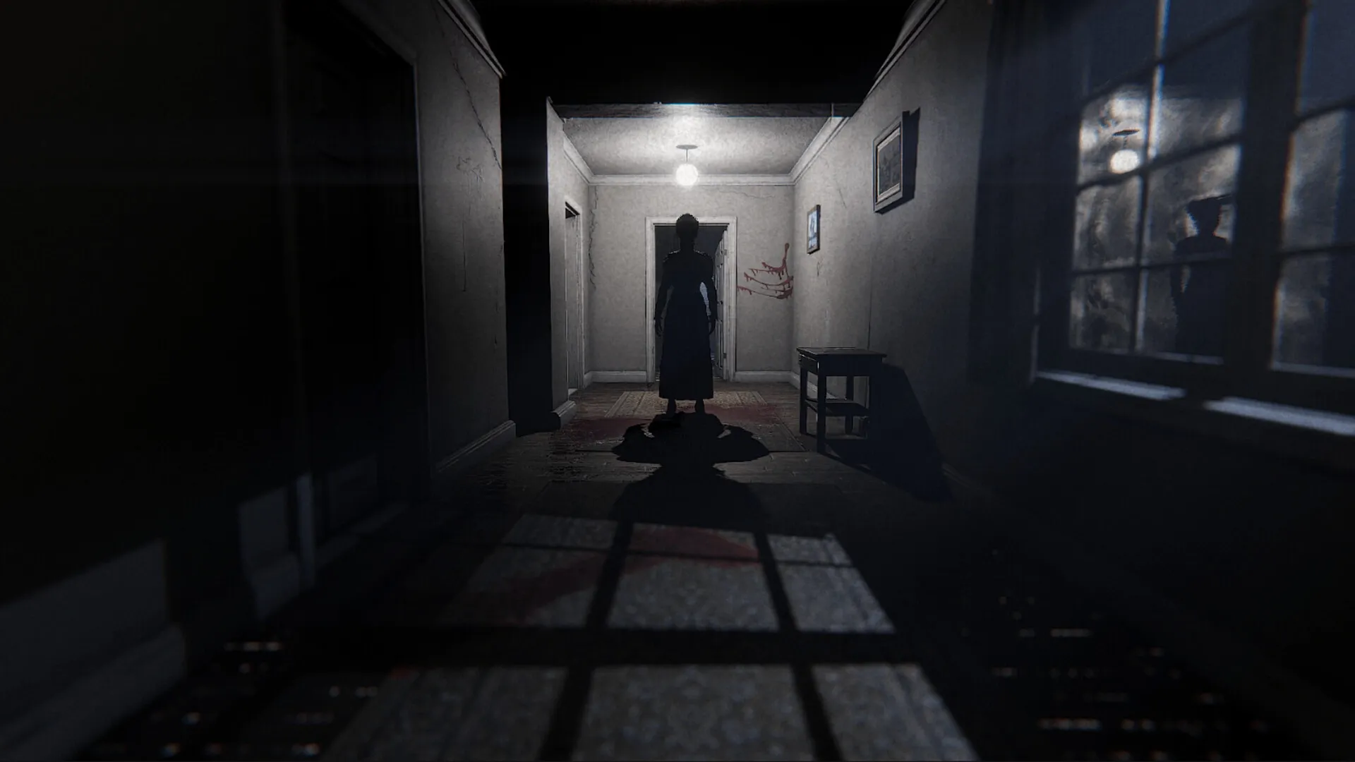 Unmourned: Shadowy figure stands in dimly lit hallway with eerie silhouette and bloodstained wall.
