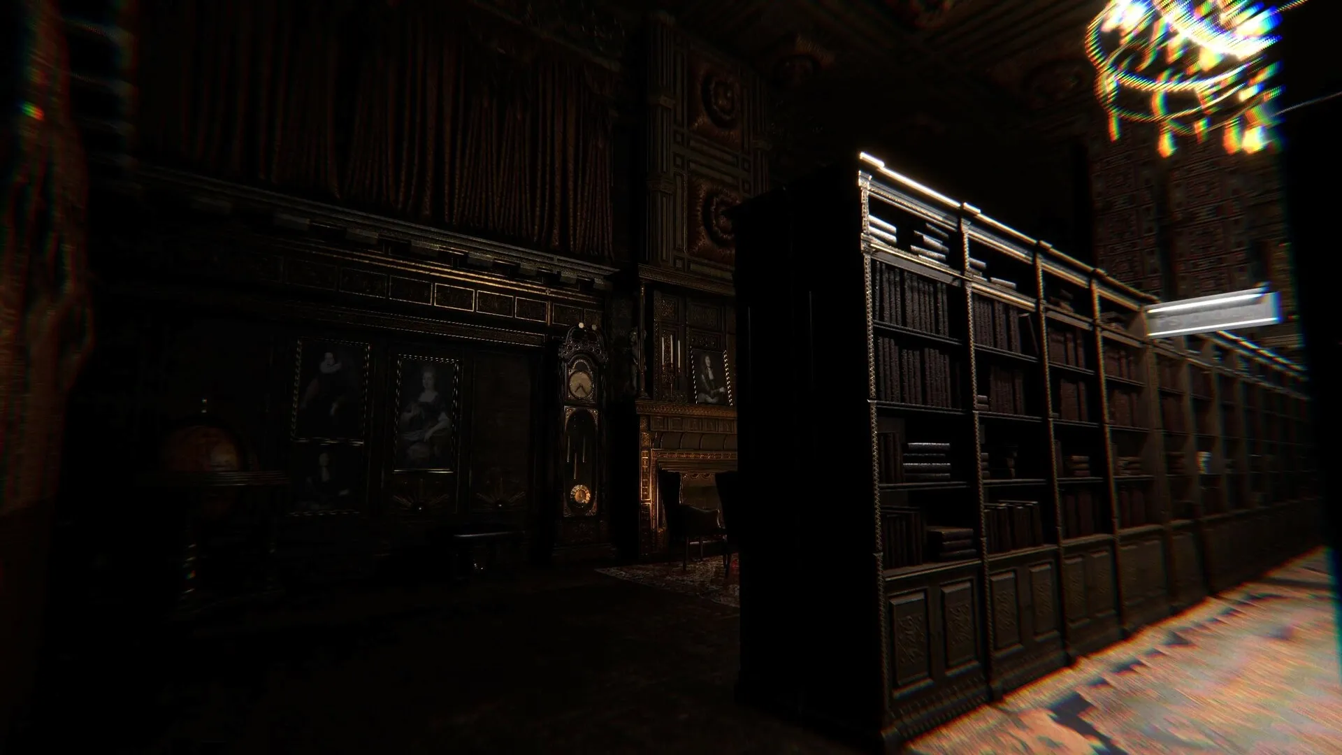 Unmourned: Dimly lit library with tall bookshelves and portraits on the walls in an eerie atmosphere