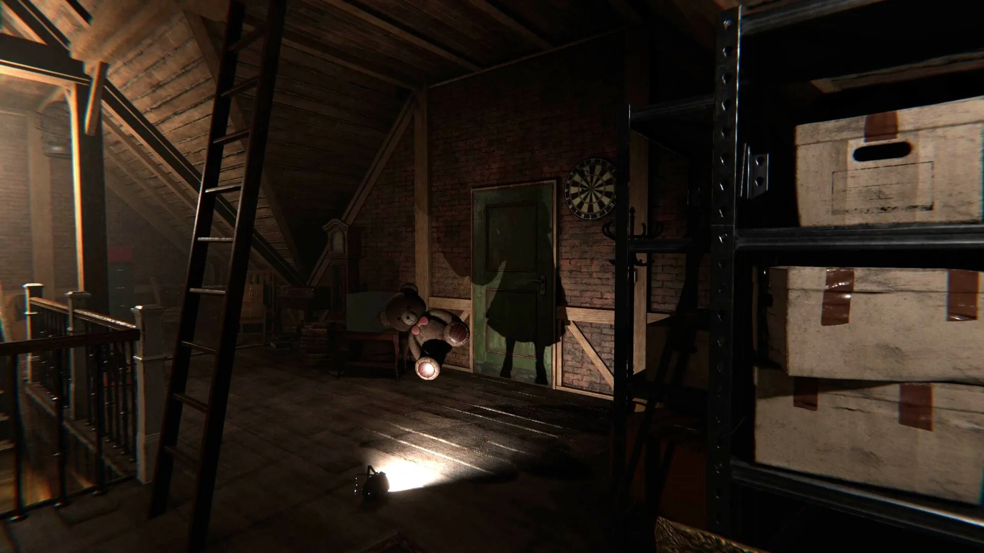 Unmourned: Eerie attic with shadowy figure, dartboard, and scattered boxes under dim lighting