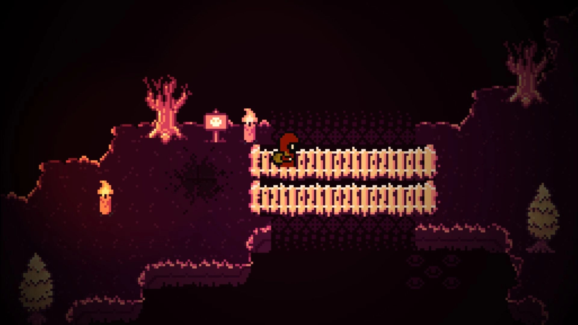 UNRETURNING: Hooded character crossing bone bridge in a dark, mysterious forest with eerie torches