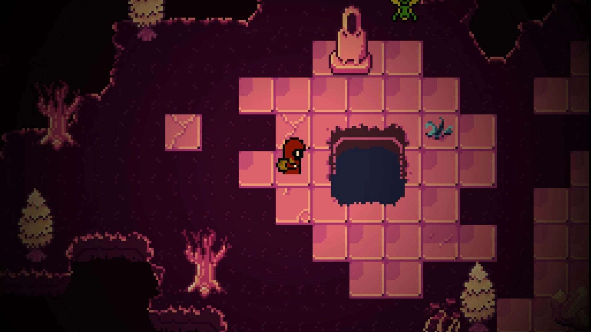 UNRETURNING: Character stands near a dark abyss on a tiled platform surrounded by eerie terrain