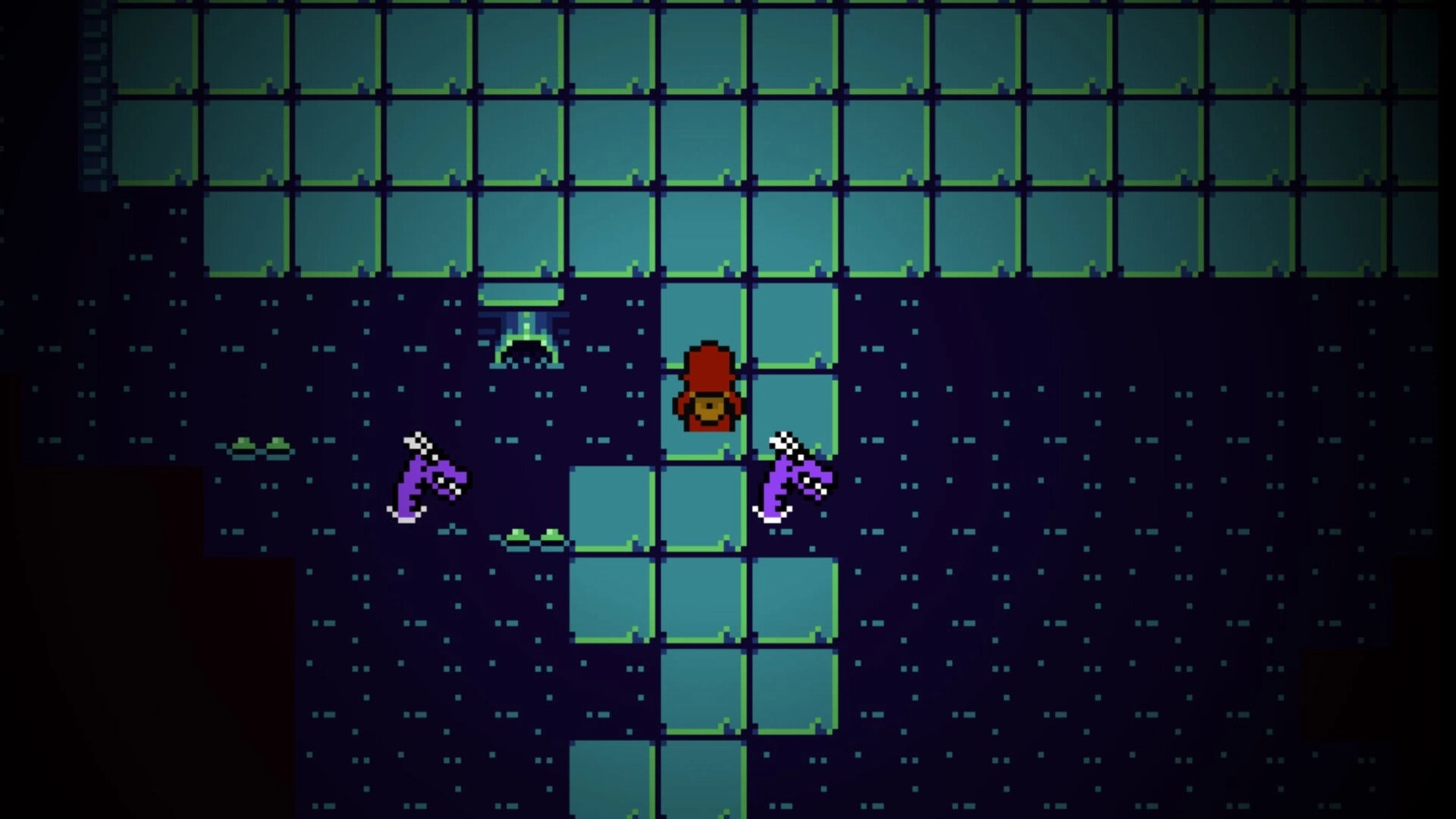 UNRETURNING: Character in red cloak facing purple monsters on a grid-like dungeon floor