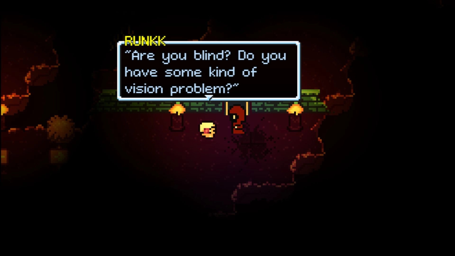 UNRETURNING: Dialogue with RUNKK in a dark cave, torches illuminate the stone path between characters.