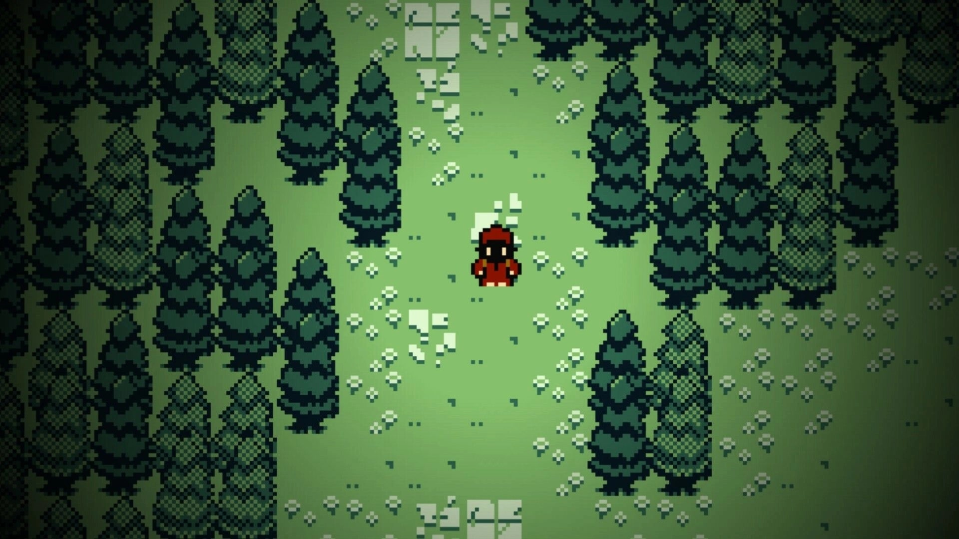 UNRETURNING: Lone character in red cloak exploring a pixelated forest path surrounded by dense trees