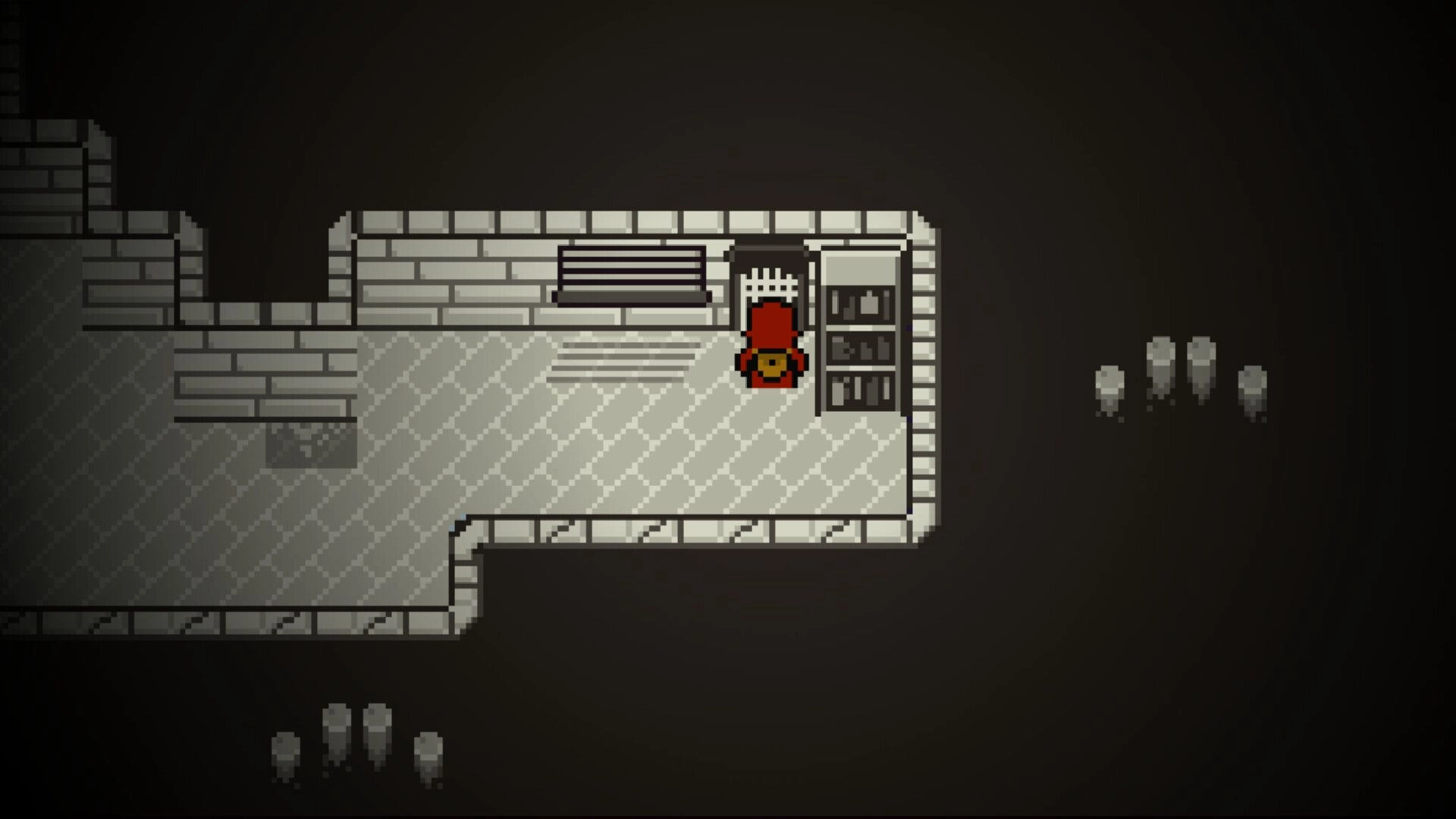 UNRETURNING: Character in red cloak explores a dim stone room with crates and a bench, facing shadows