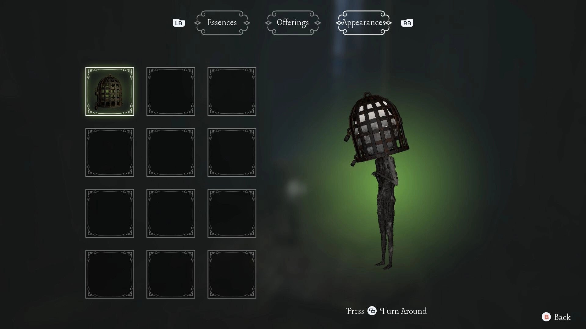 Unseal: Appearances menu with caged-head model preview and empty cosmetic slots on dark backdrop.