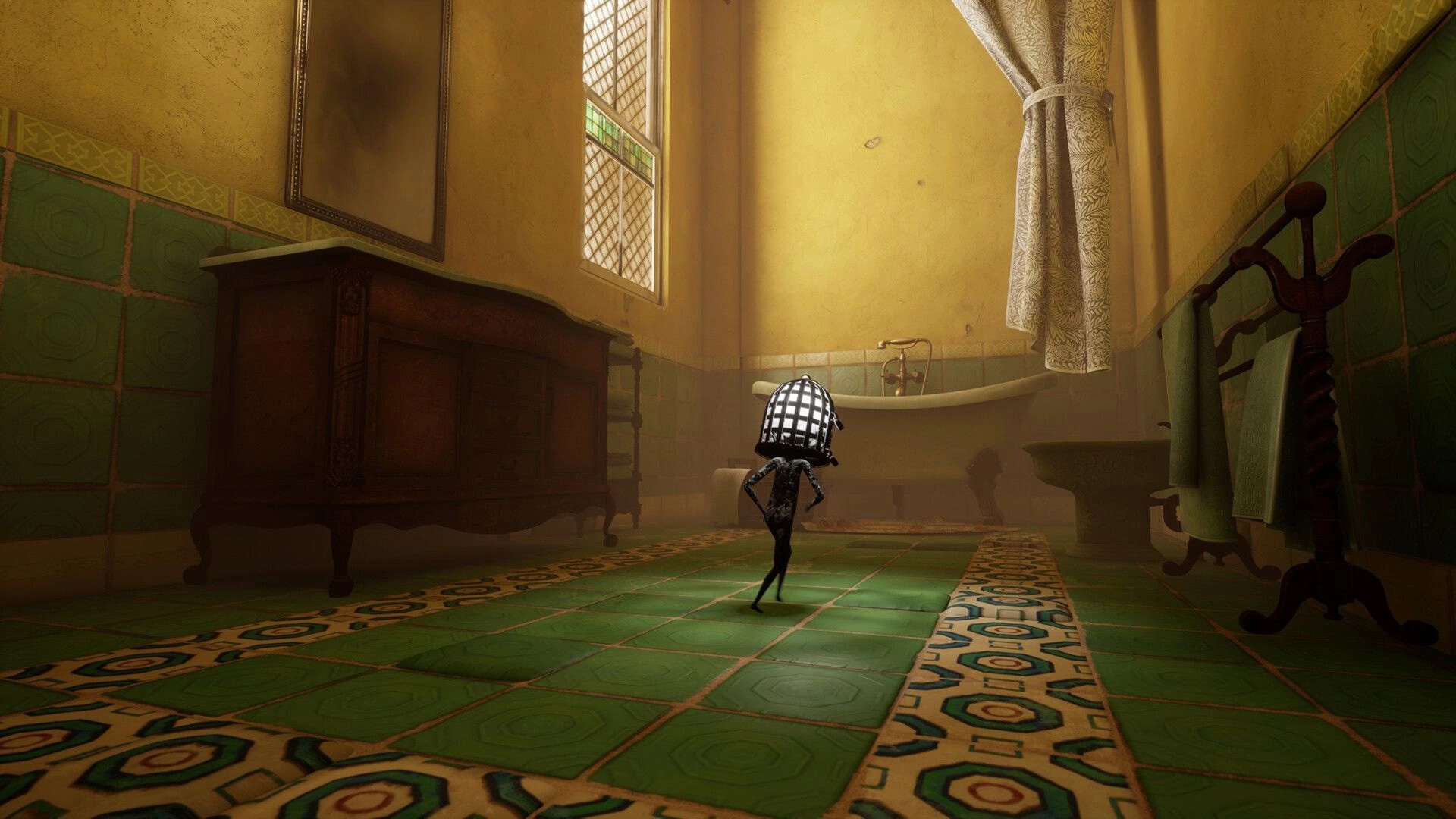 Unseal: Caged-head figure walks across tiled floor in a large bathroom with tub, sink, and cabinet.