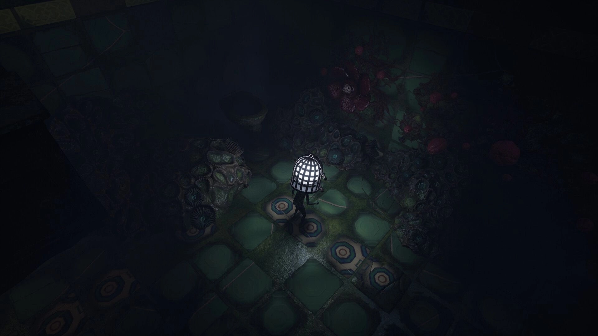 Unseal: Ash with a caged head walks across hex tiles in a dark, organic chamber with growths.