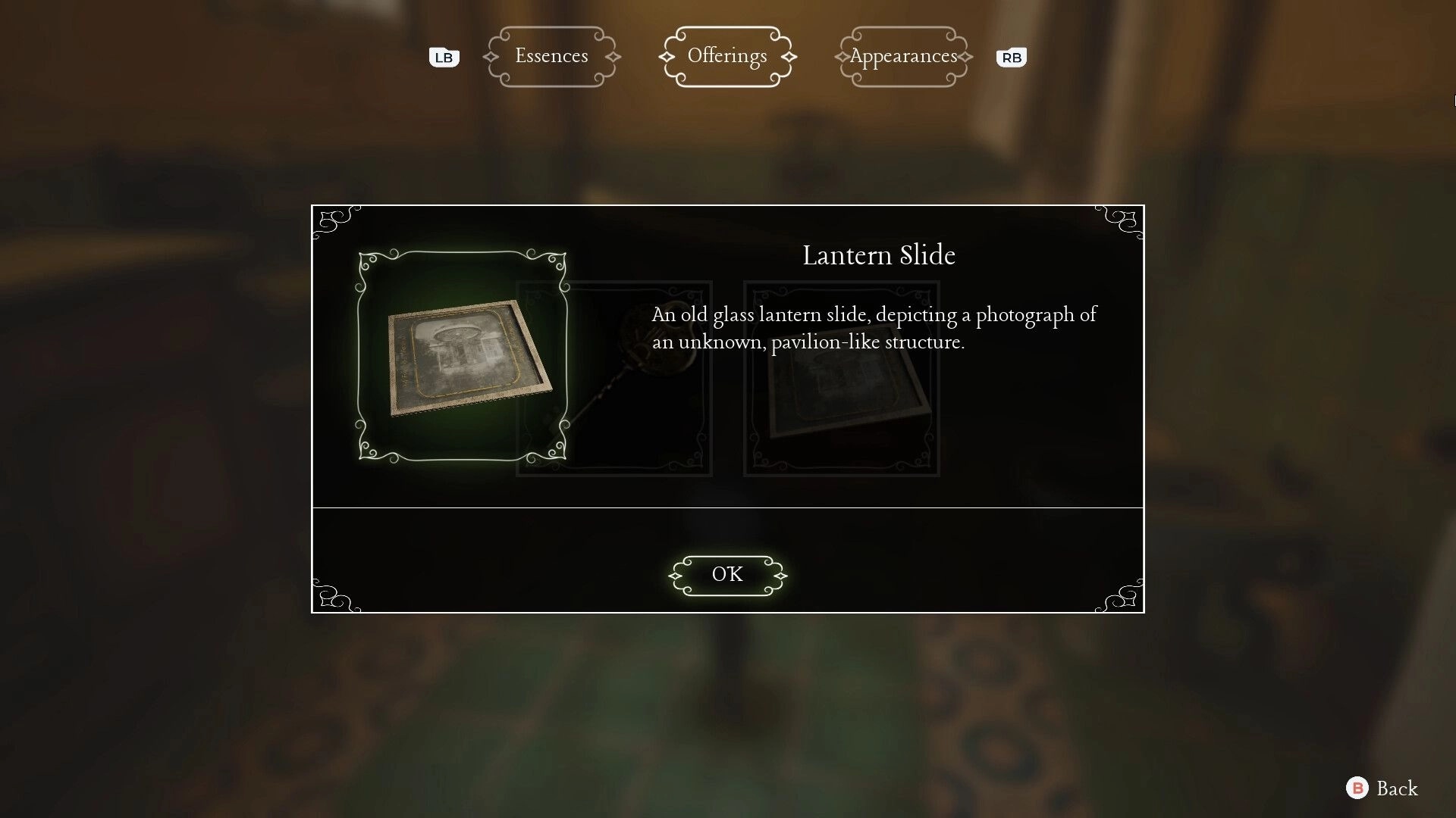 Unseal: Offerings menu pop-up describing a lantern slide item over a blurred tabletop background.