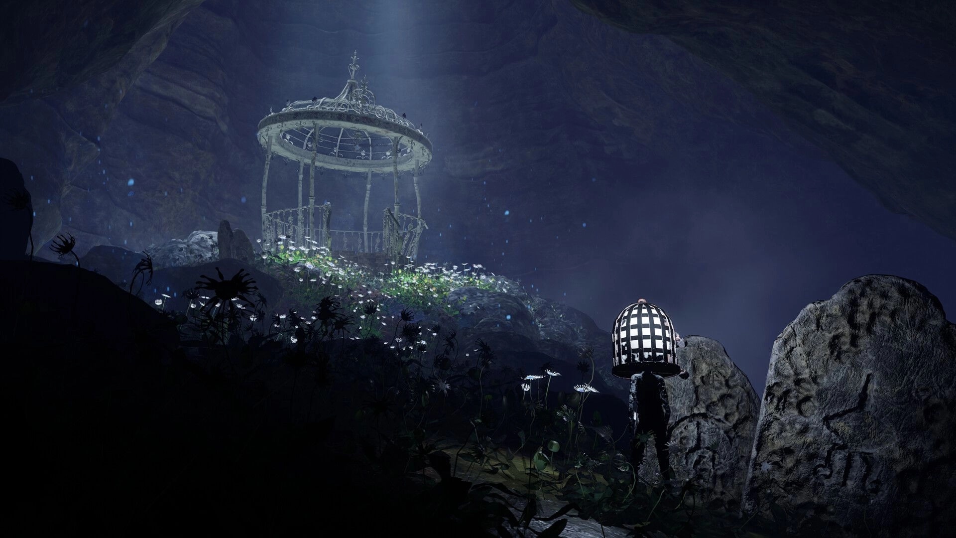 Unseal: Caged-head figure watches a ruined gazebo on a rocky, flowered ledge in blue mist cave.