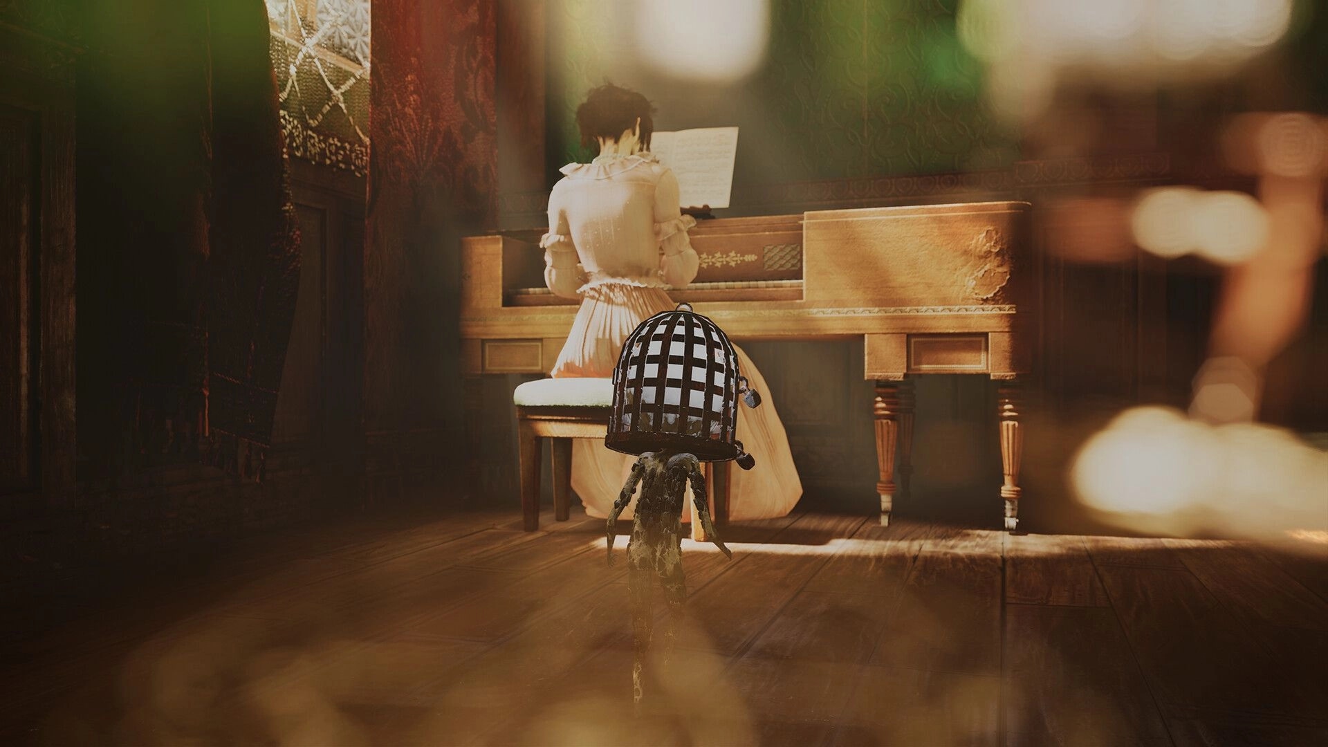 Unseal: Caged-head Ash watches a woman play piano in a warm, dusty parlor with sheet music.