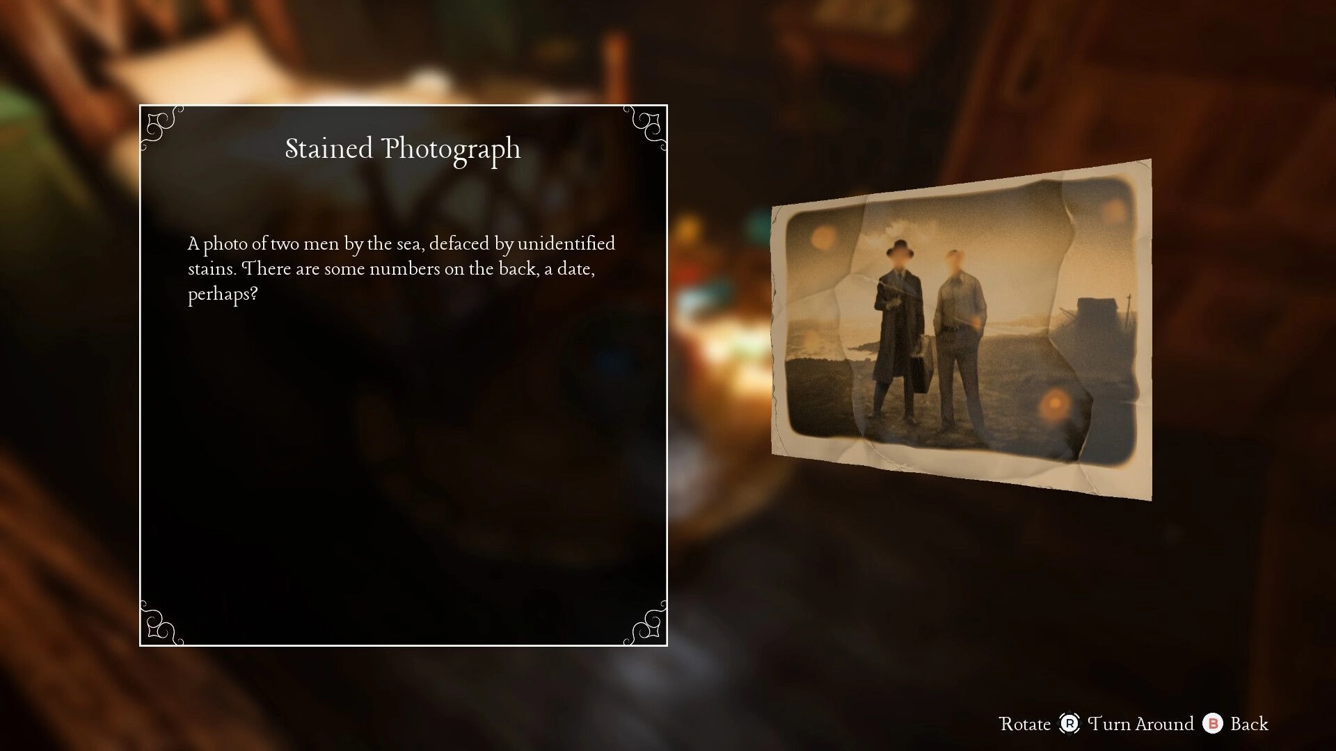 Unseal: Inspecting Stained Photograph item description beside sepia photo in blurred room backdrop.