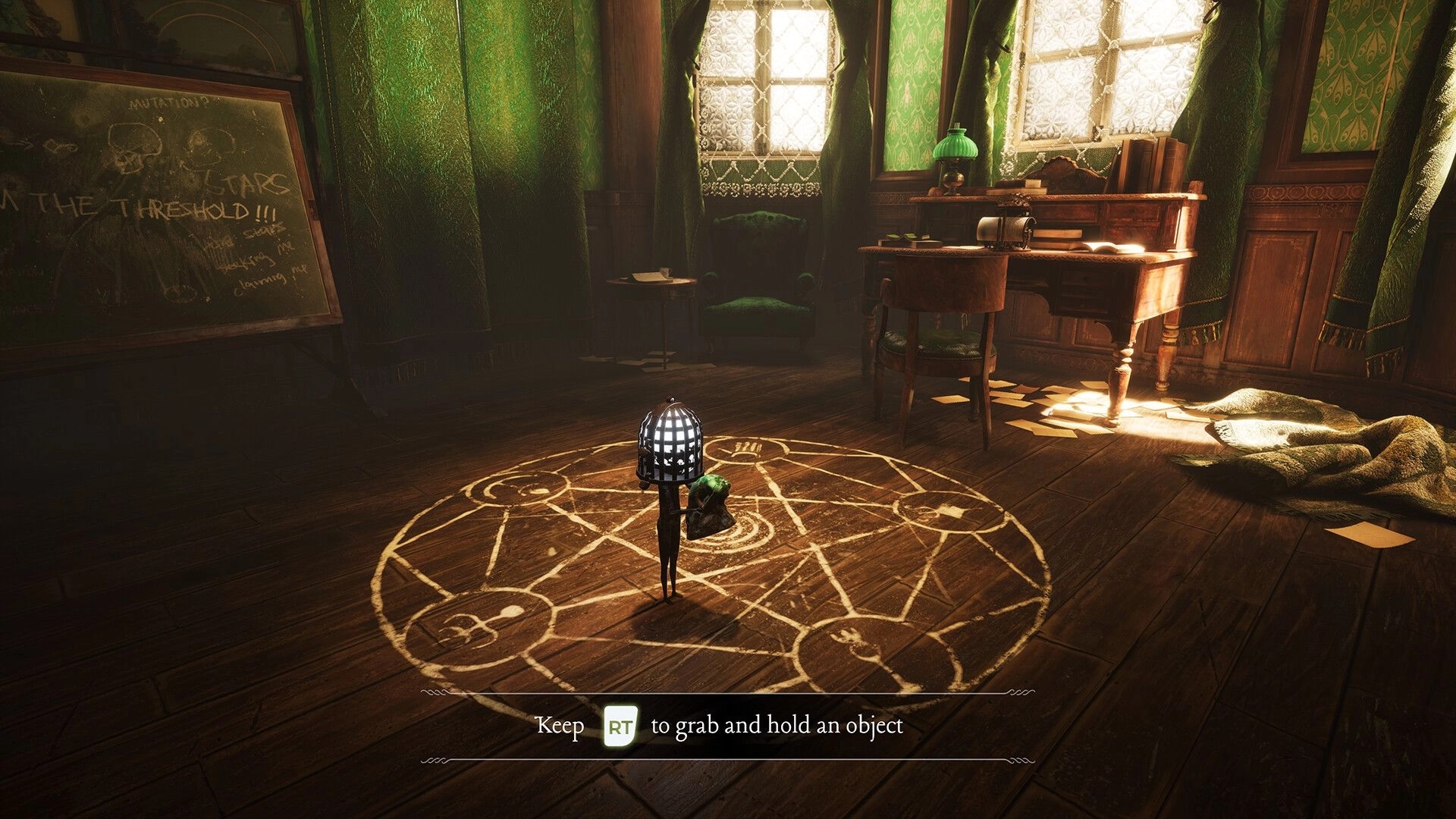 Unseal: Caged-headed figure stands in chalk sigil as RT prompt appears in a sunlit study room.