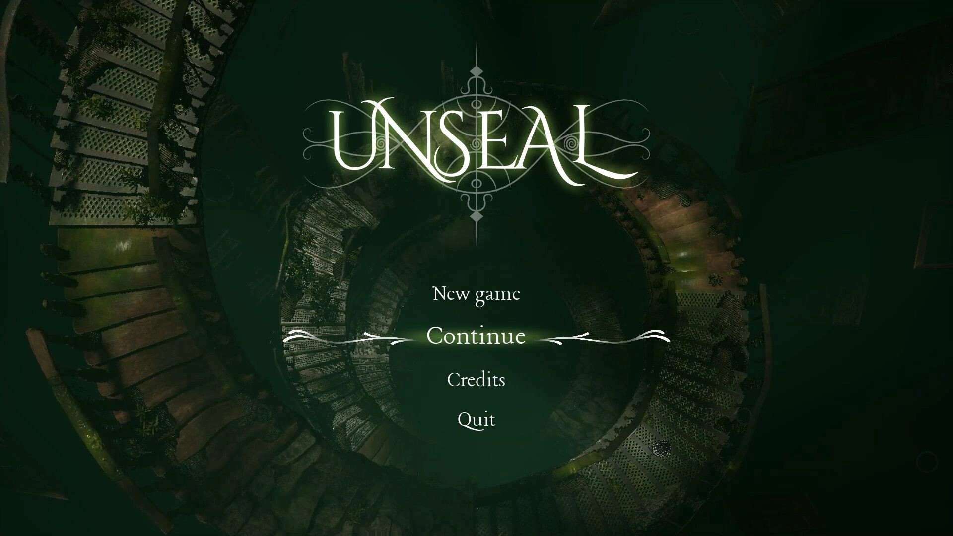 Unseal: Main menu with New game, Continue, Credits, Quit over a dark spiral staircase backdrop.