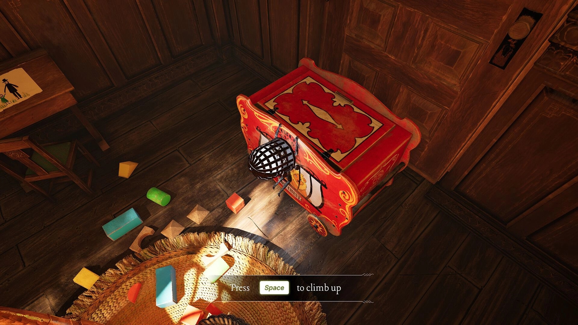 Unseal: Caged-headed character climbs onto a red toy chest in a wooden room, "Press Space" prompt below.
