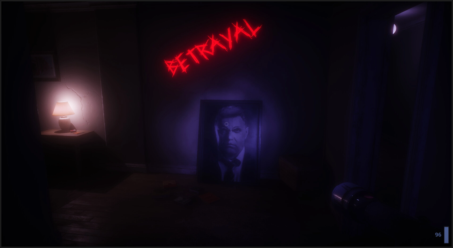 Unsealed: Dark room with "Betrayal" in red above a man's portrait, flashlight beam illuminating area