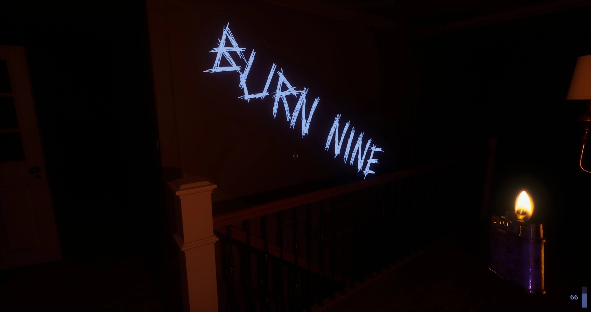 Unsealed: Graffiti "BURN NINE" glowing in dark hallway, Vera holds lighter illuminating the scene