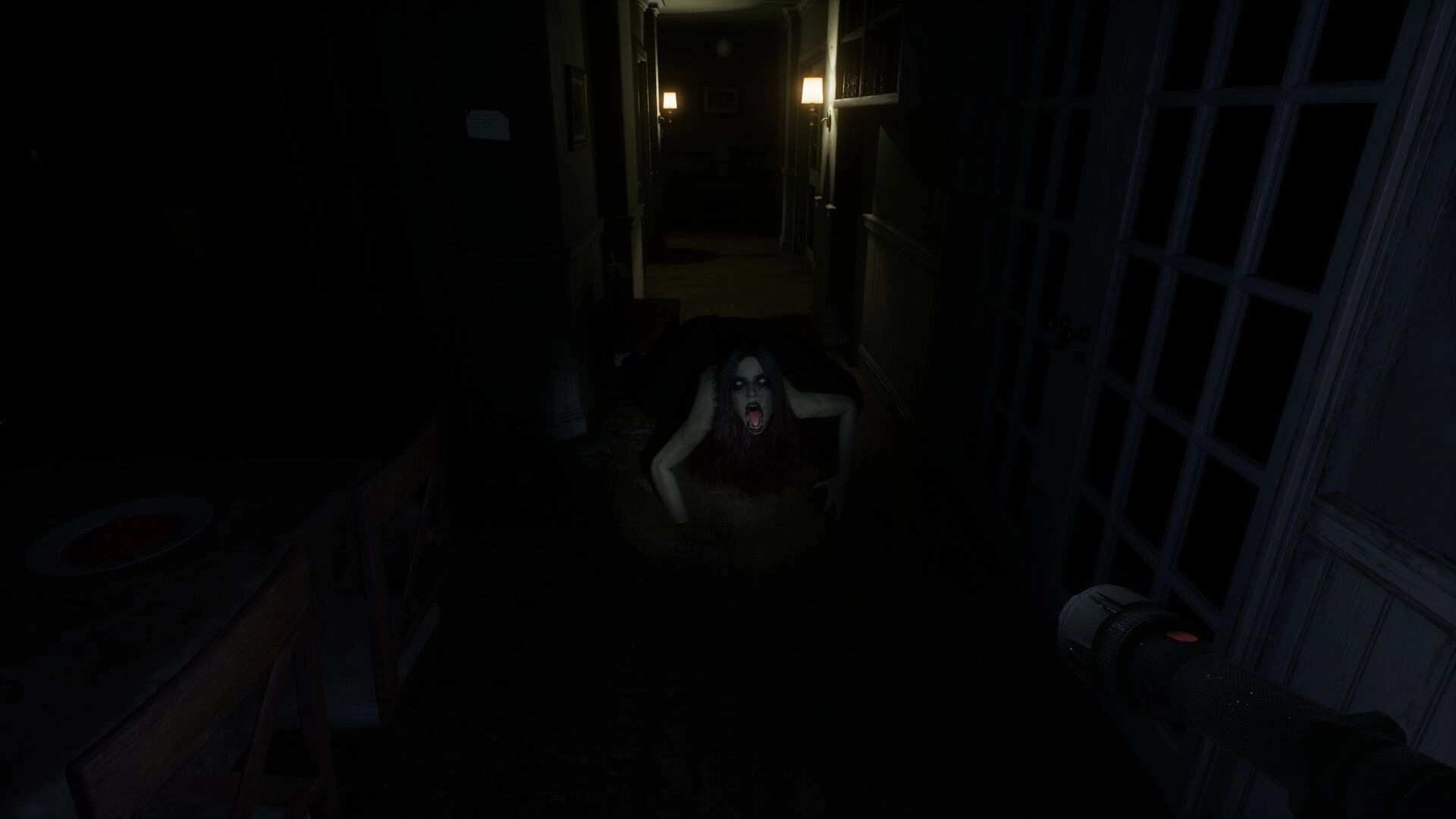 Unsealed: Vera encounters a crawling entity in a dimly lit hallway, flashlight illuminating the path