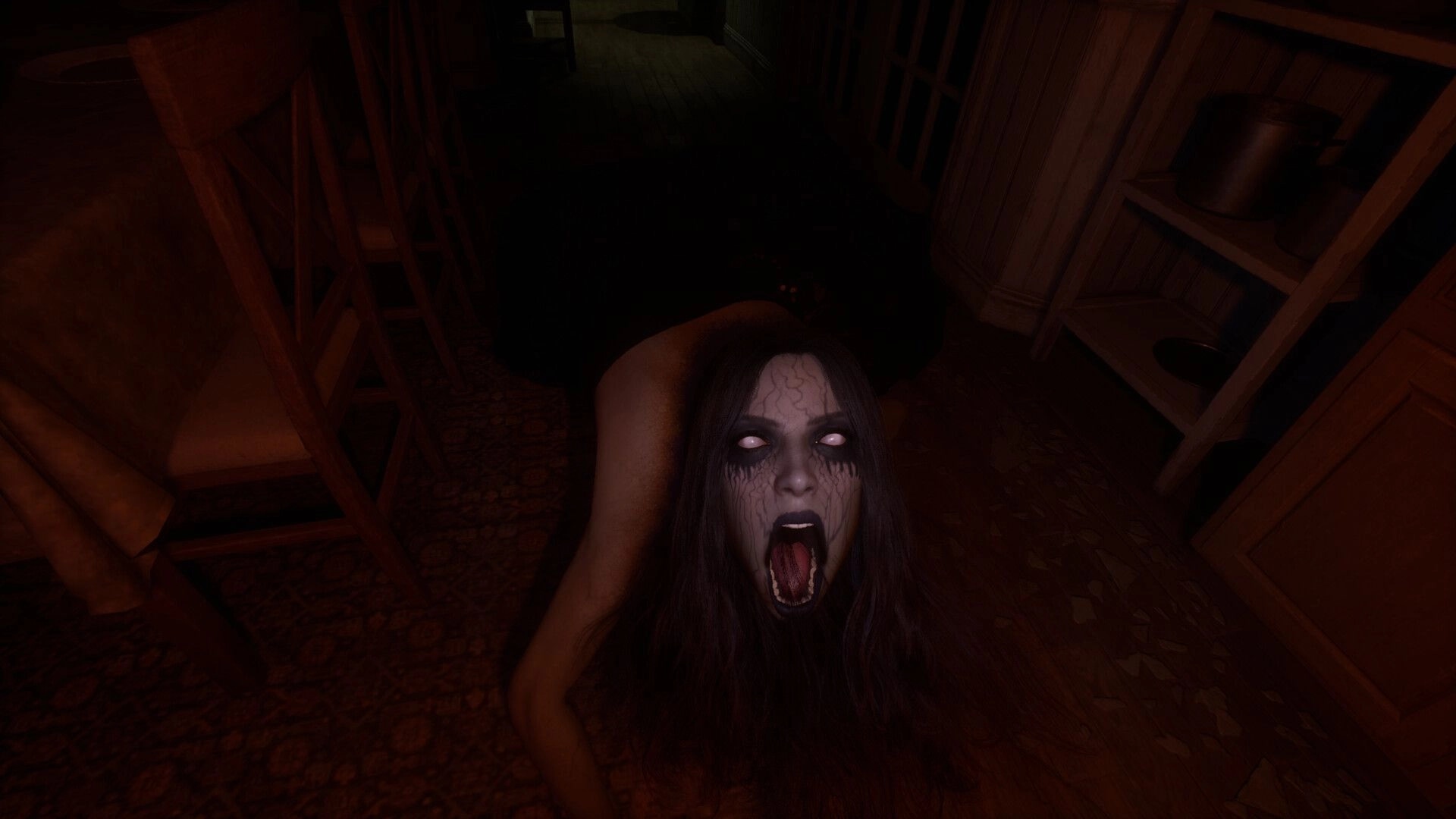 Unsealed: Creepy figure crawling in dimly lit room with wooden chairs and shelves in the background