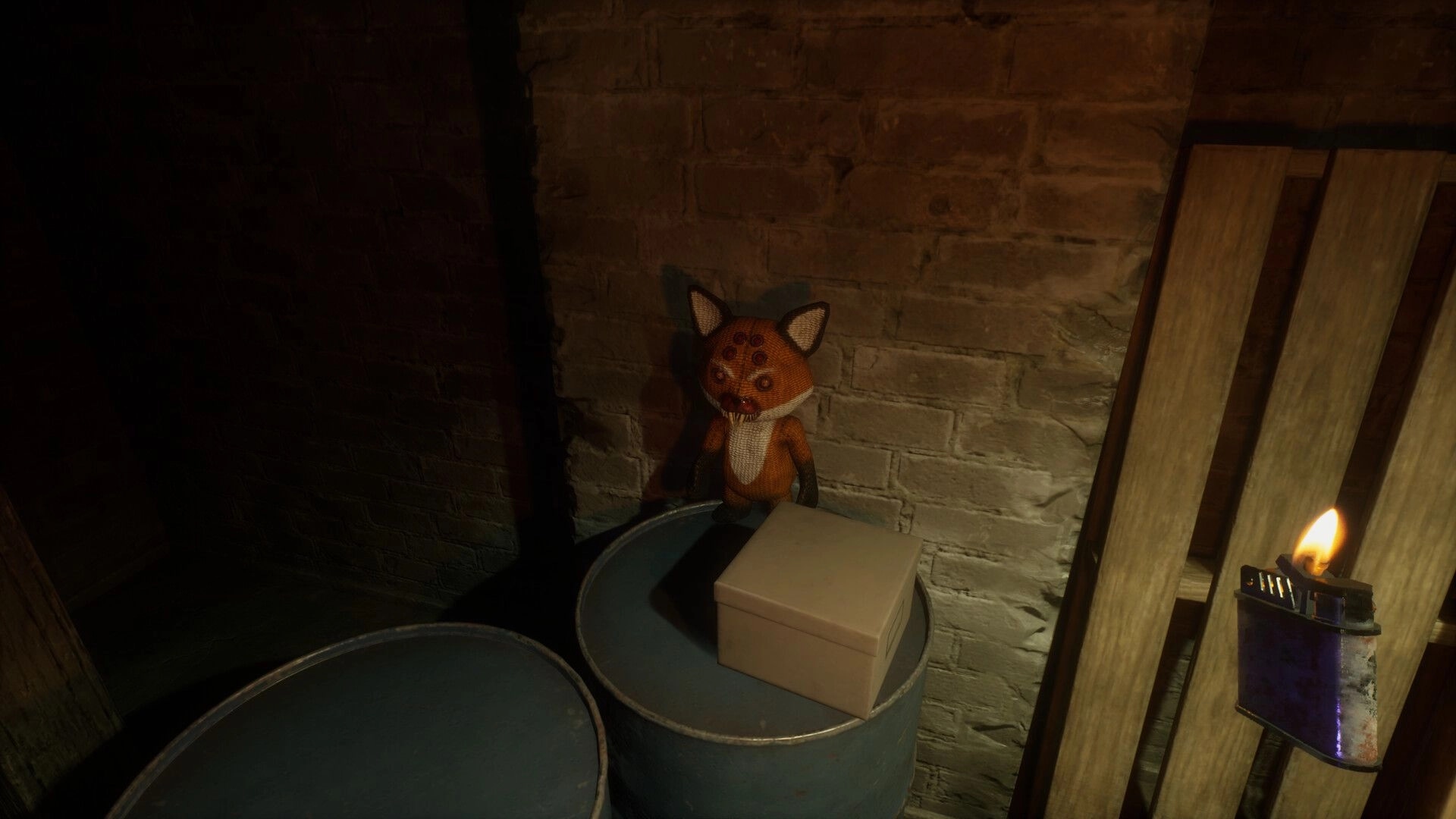 Unsealed: Creepy fox doll atop barrels in dimly lit basement with a lighter illuminating the scene