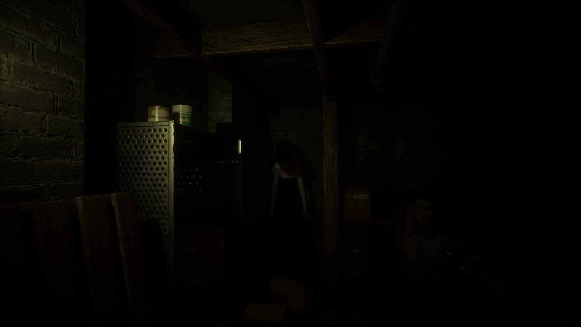 Unsealed: Vera explores a dimly lit basement, revealing shelves and shadowy corners in eerie silence.