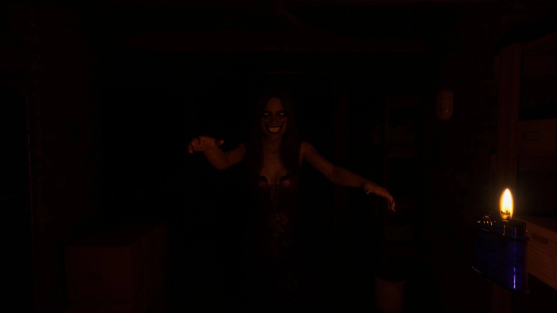 Unsealed: Vera encounters a grinning figure in a dark room, illuminated by a single flickering lighter.