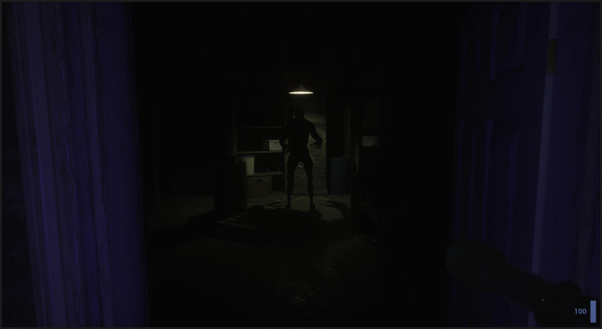 Unsealed: Dark figure approaches under dim light in a cluttered basement with flashlight beam visible.