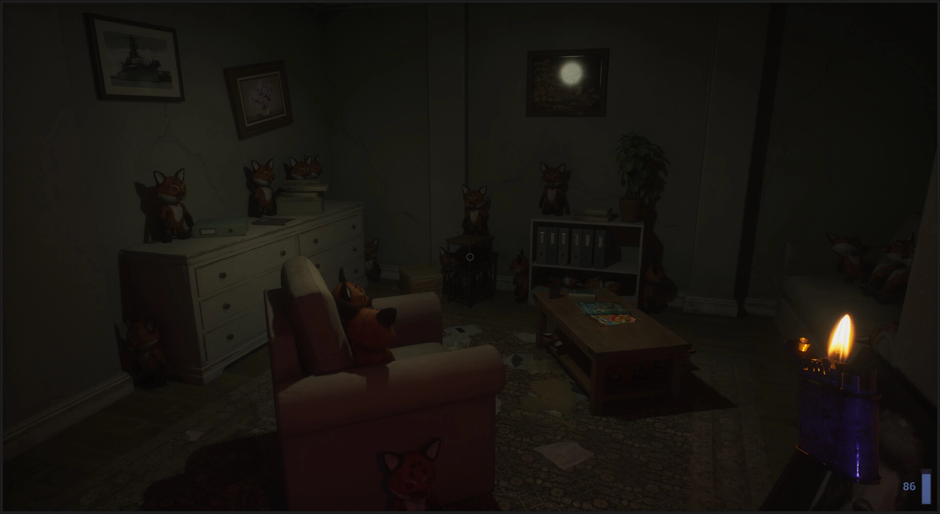 Unsealed: Dimly lit room filled with fox plushies, scattered papers, and a lighter in the foreground