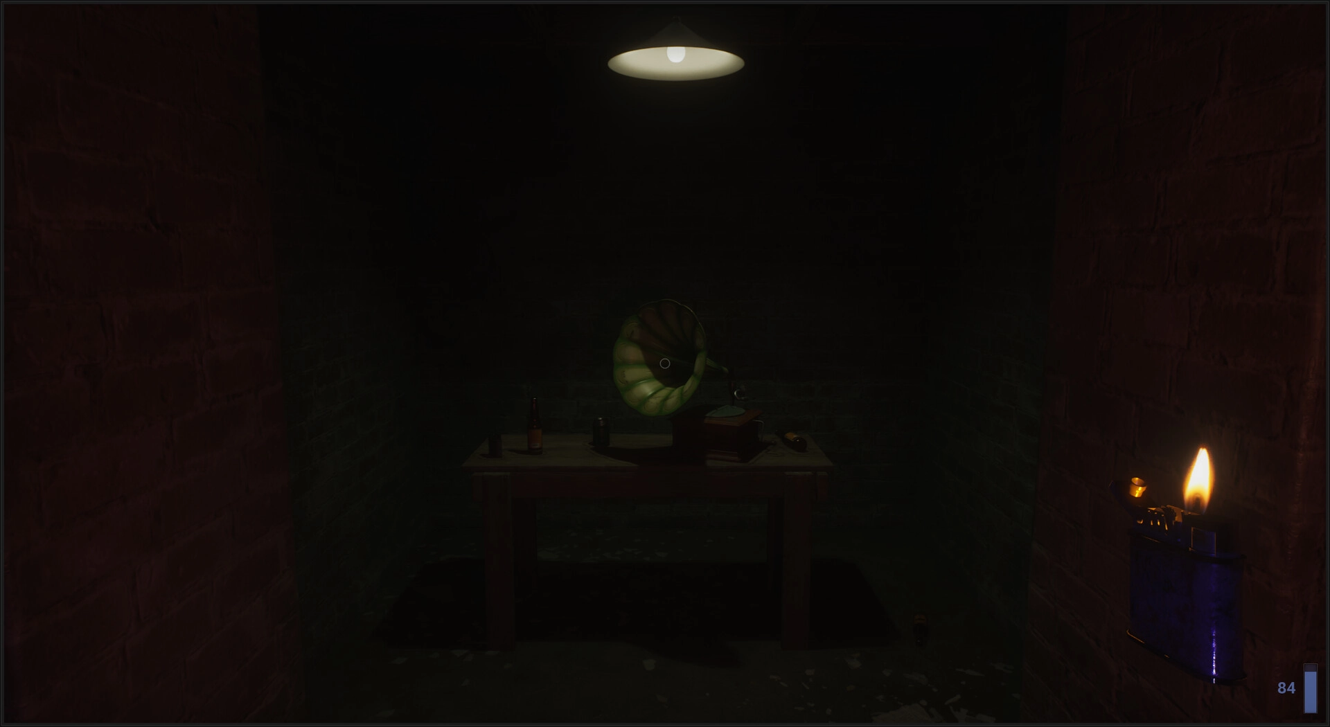 Unsealed: Gramophone on dimly lit table in dark basement, with lighter illuminating a brick wall