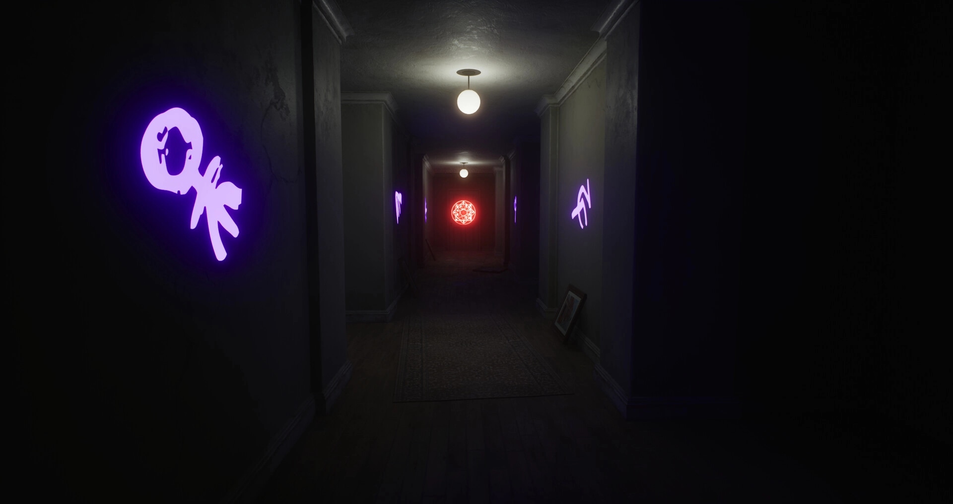 Unsealed: Dark hallway with glowing purple symbols and a red sigil at the end, eerie atmosphere