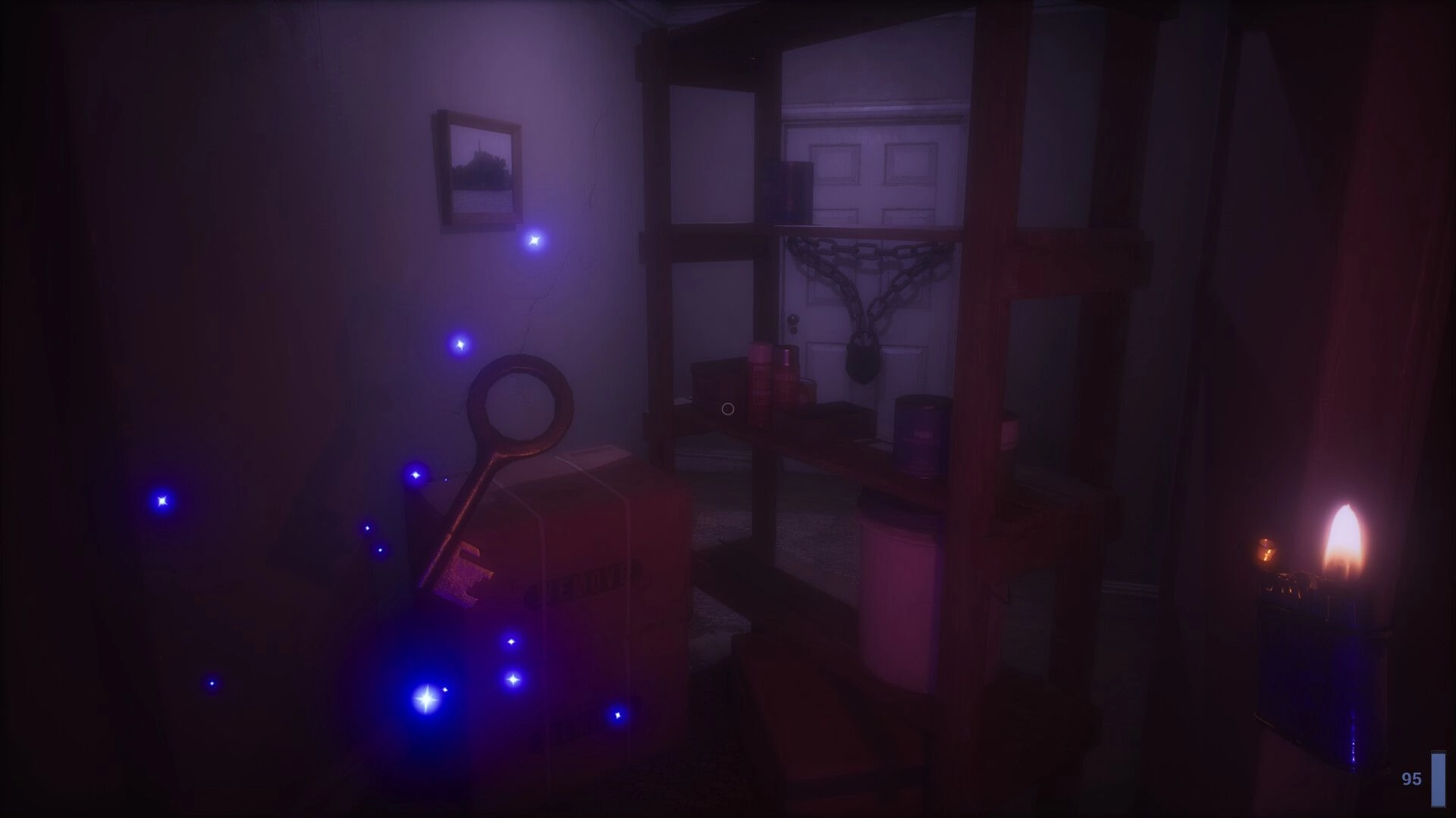 Unsealed: Vera explores a dim storage room with a chained door, glowing key, and flickering lighter.