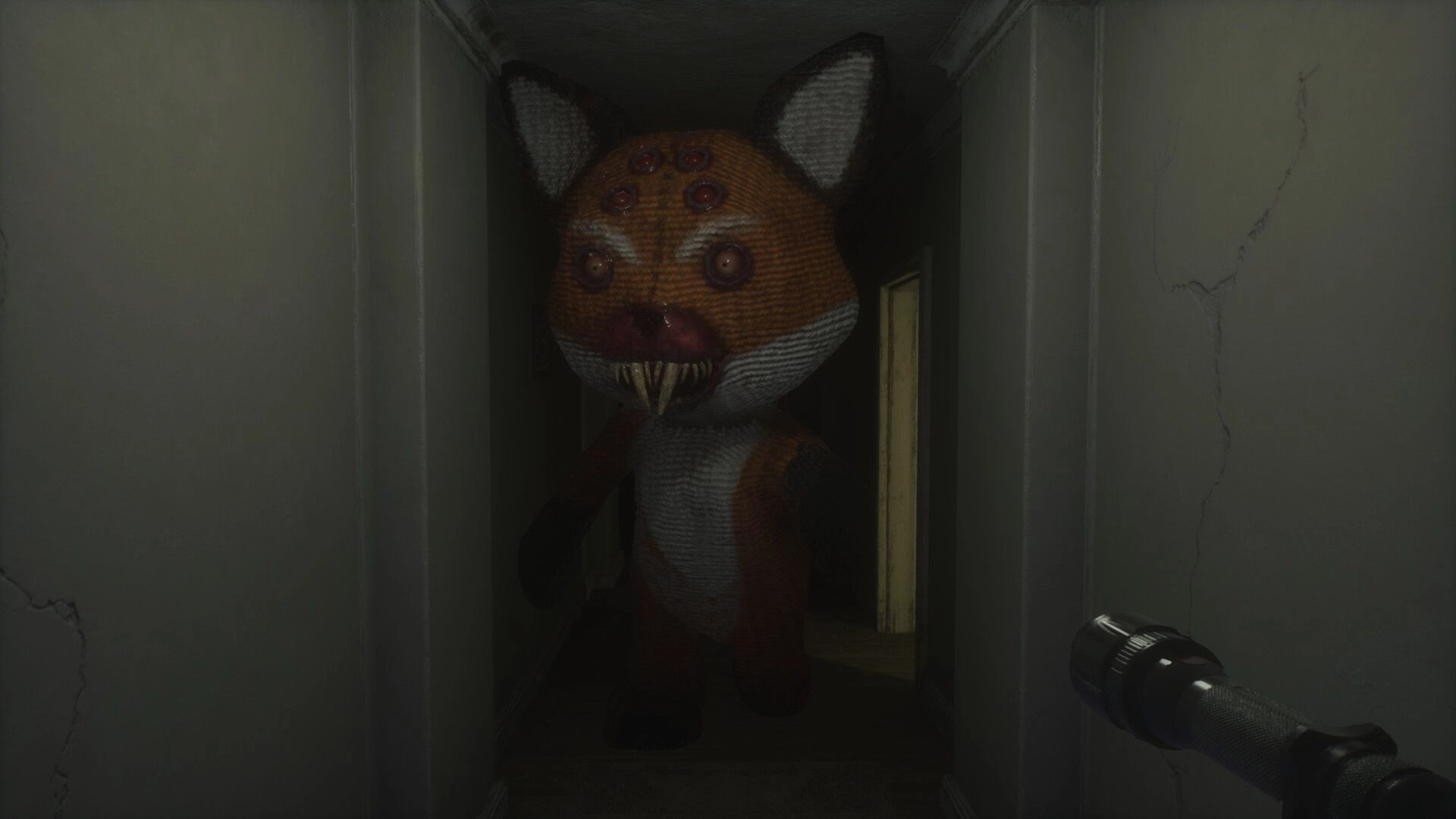 Unsealed: Creepy plush creature approaches down dim hallway, flashlight beam illuminating its path