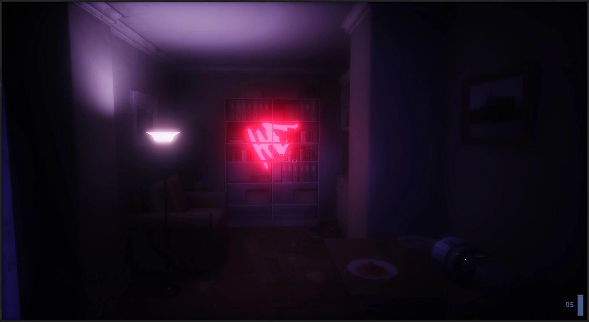 Unsealed: Neon red symbol on bookshelf in dimly lit room with sofa and standing lamp nearby