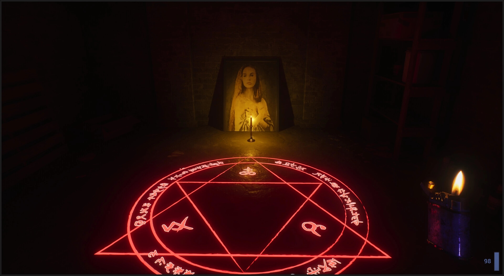 Unsealed: Ritual circle with glowing symbols and candles on chairs in a dimly lit stone chamber
