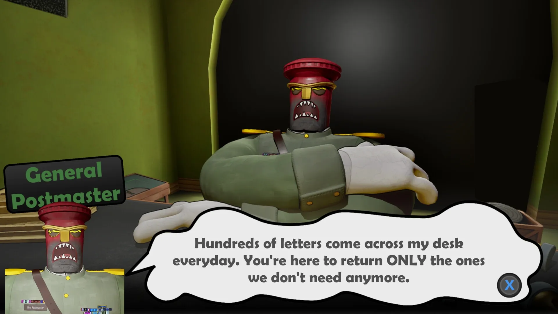 Unsent: General Postmaster character with dialogue in an office setting