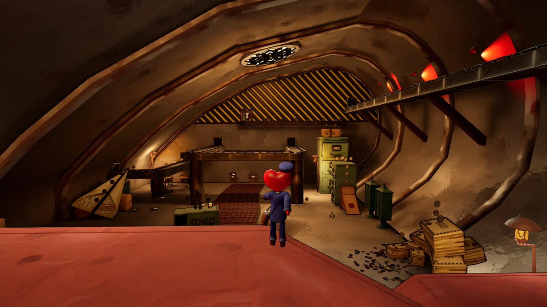 Unsent: Heart-headed character overlooks cluttered attic space with conveyor belts and scattered papers