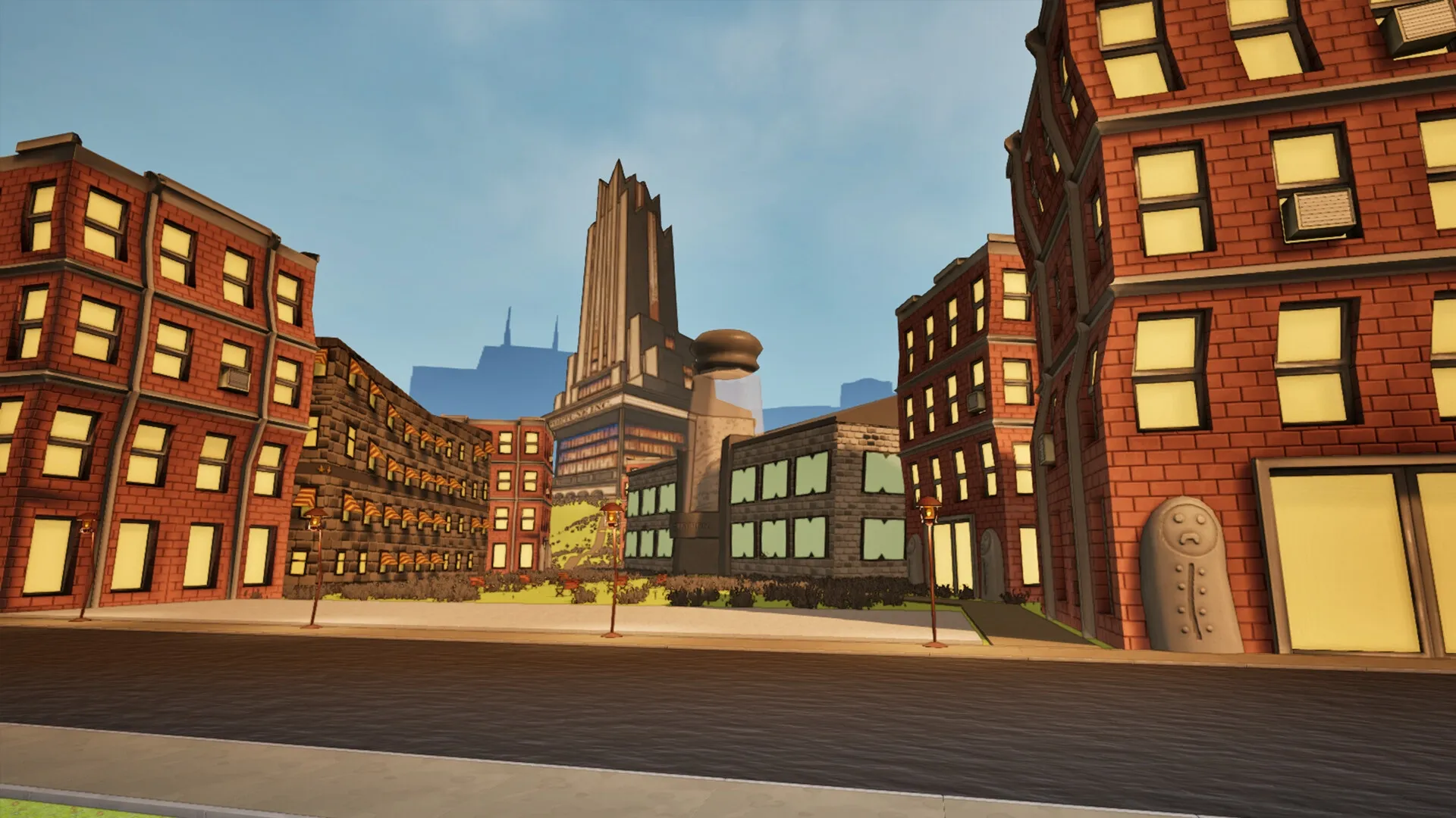 Unsent: Quirky cityscape with distorted brick buildings and towering structures under a clear blue sky