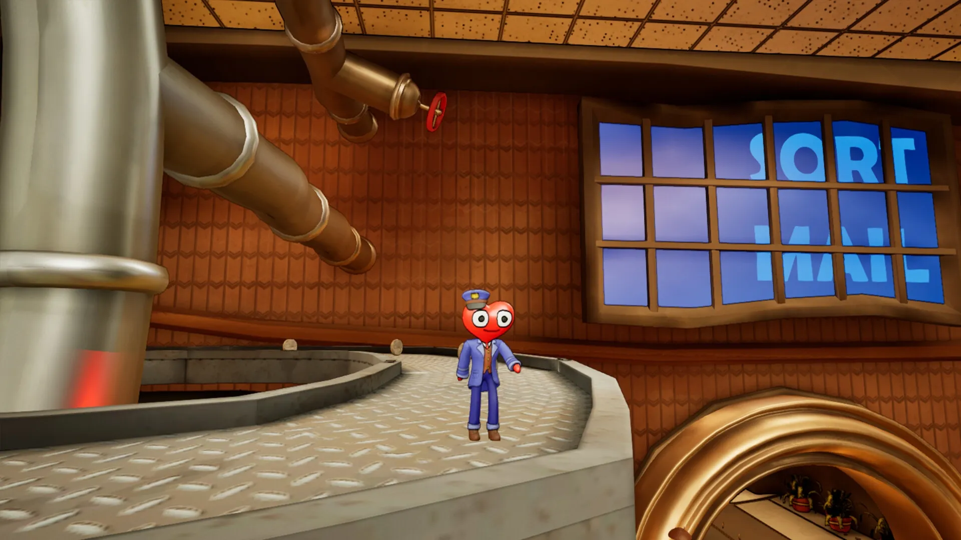 Unsent: Heart-shaped character on factory platform near pipes and "SORT MAIL" window in Regulatory Realm