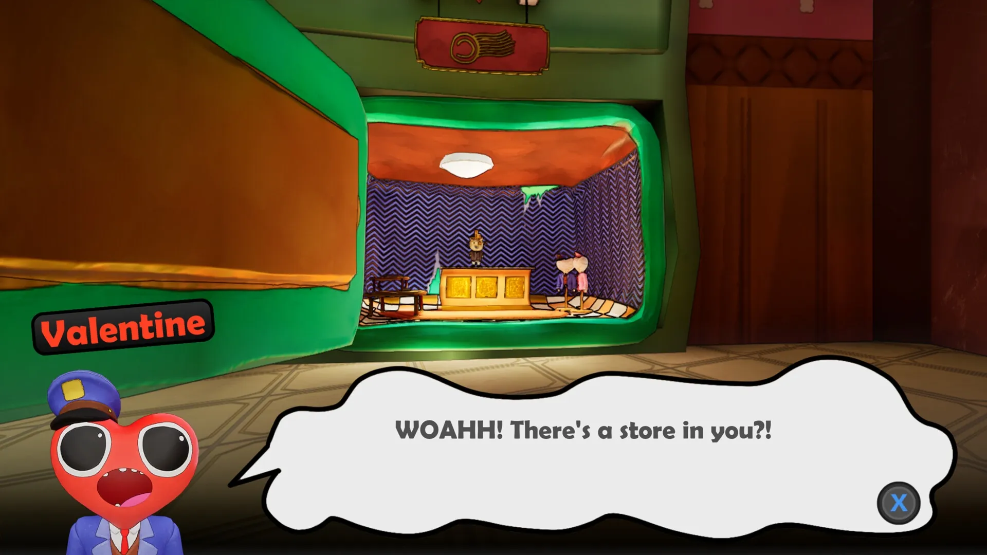 Unsent: Valentine discovers a hidden store inside a colorful, cartoonish hallway environment.