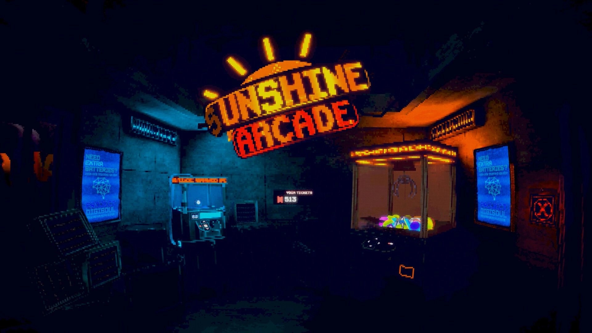 Unshine Arcade: Neon-lit arcade entrance with prize cabinet, posters, and ticket counter display.