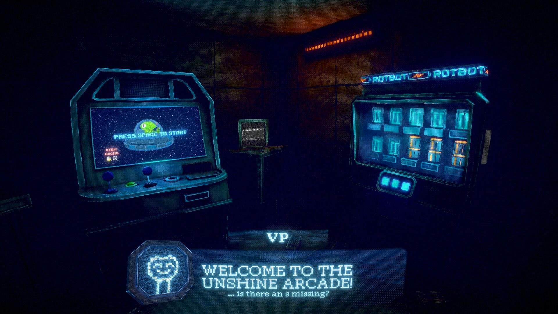 Unshine Arcade: Arcade machines in dimly lit room with "Press Space to Start" screen and welcome message.