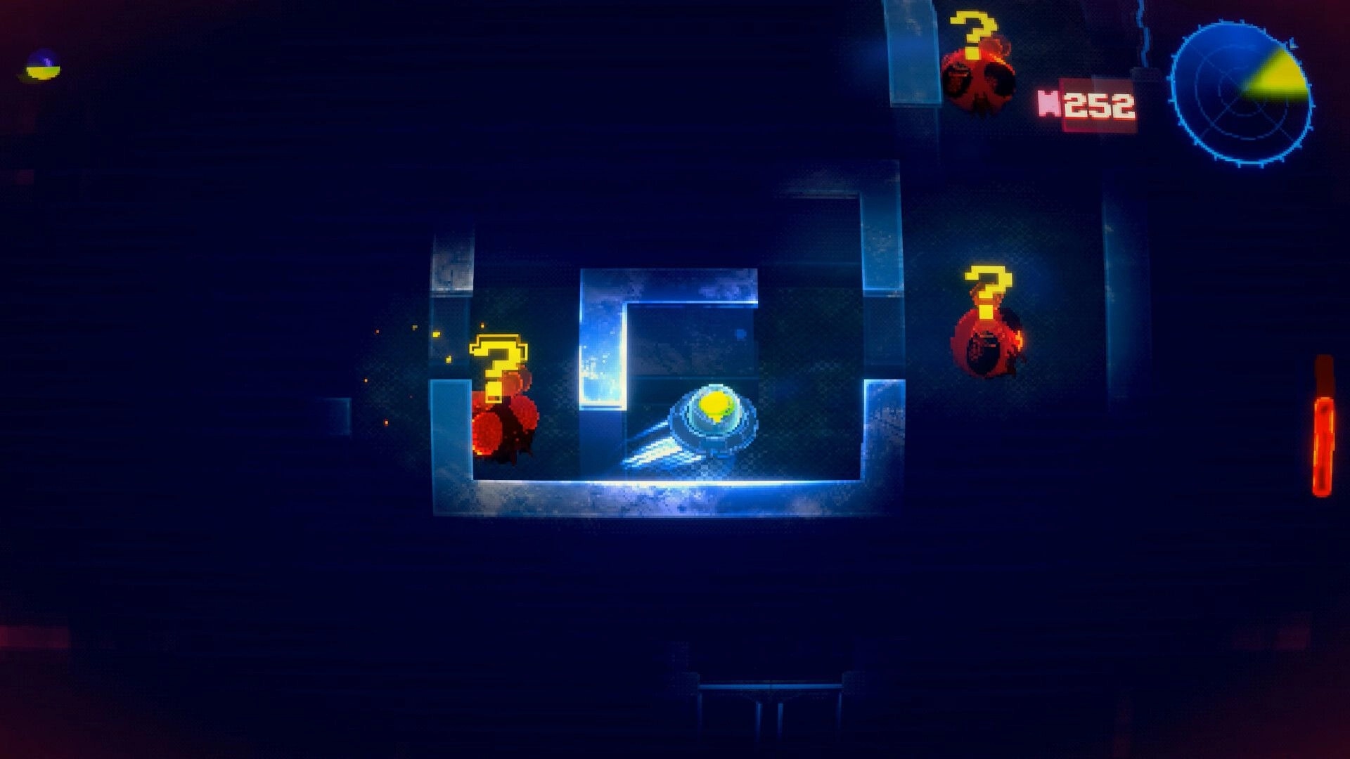 Unshine Arcade: Player navigates maze with radar and encounters two red enemies marked with question marks