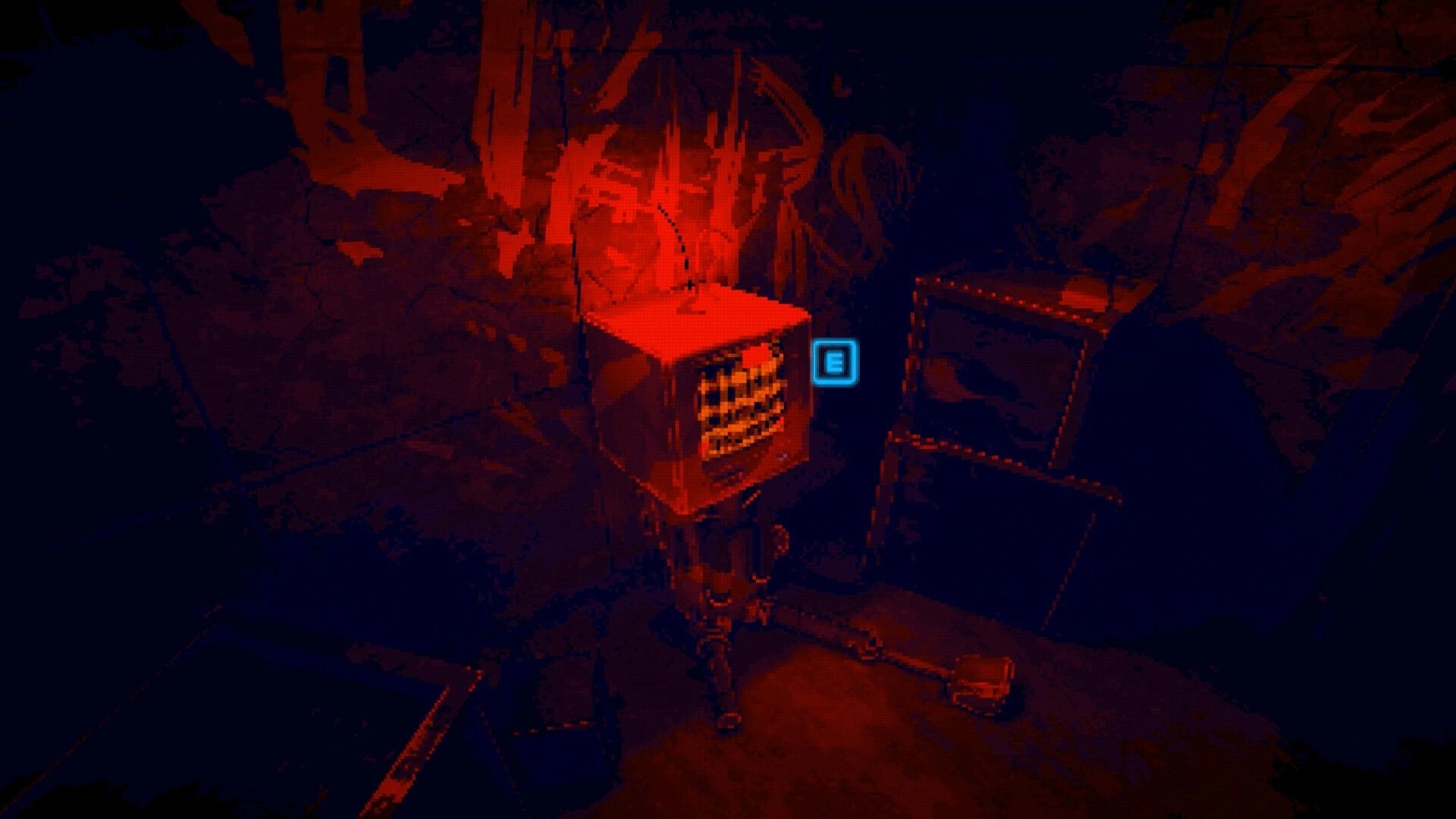 Unshine Arcade: Red-lit room with a sentient virtual pet in a cabinet, interact prompt displayed