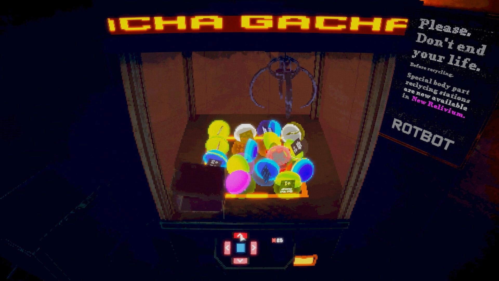 Unshine Arcade: Gacha machine filled with colorful capsules in dimly lit arcade setting