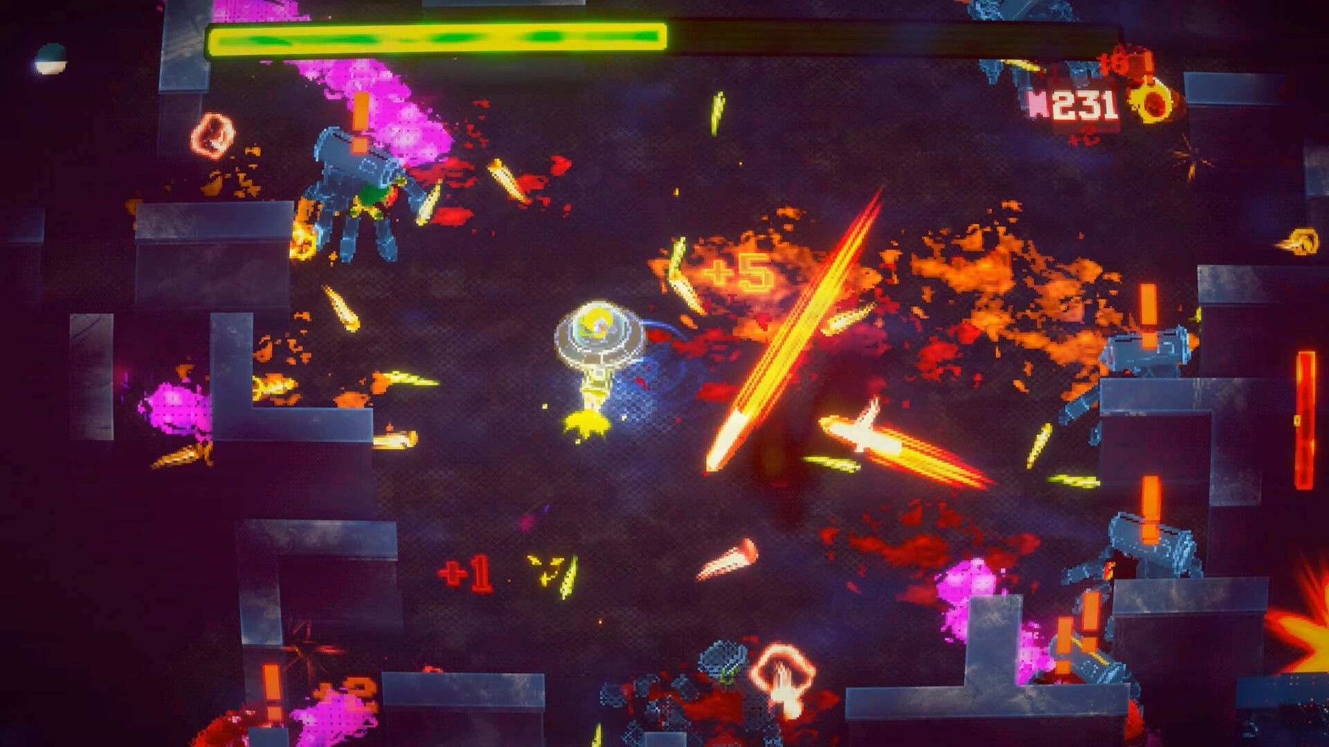 Unshine Arcade: Intense combat with robots in a neon-lit maze, score and health bar visible