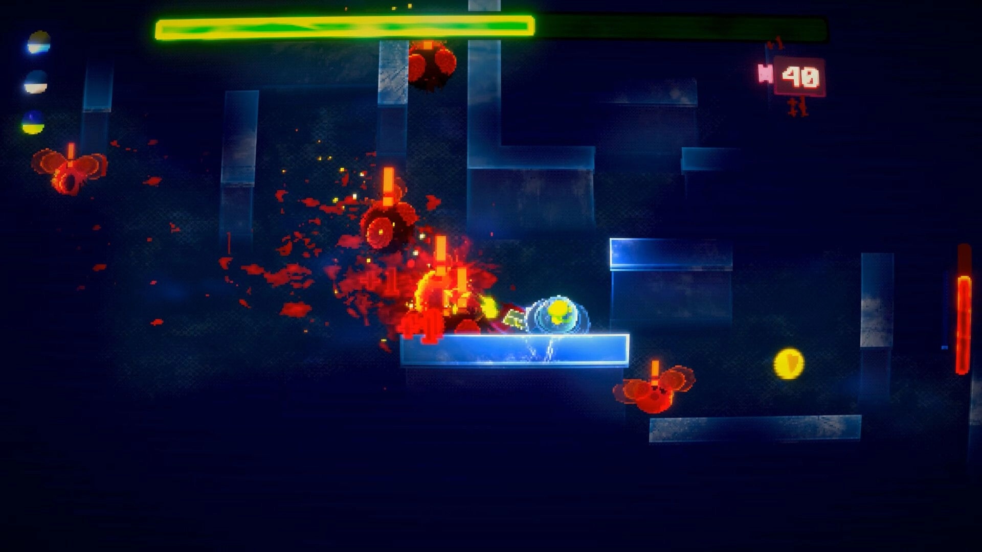 Unshine Arcade: Player combat with red enemies on neon platforms in a dark, digital maze environment