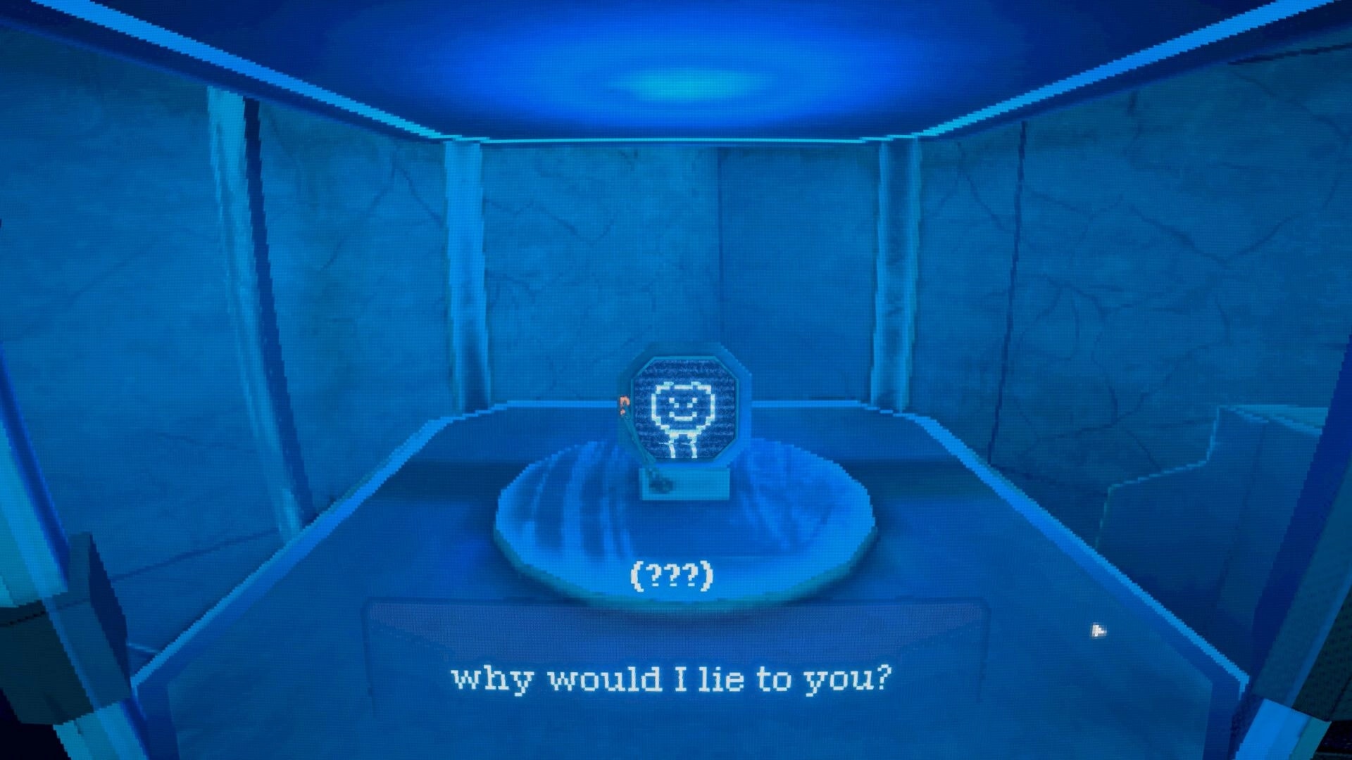 Unshine Arcade: Sentient virtual pet in glowing blue room, displaying text message on screen