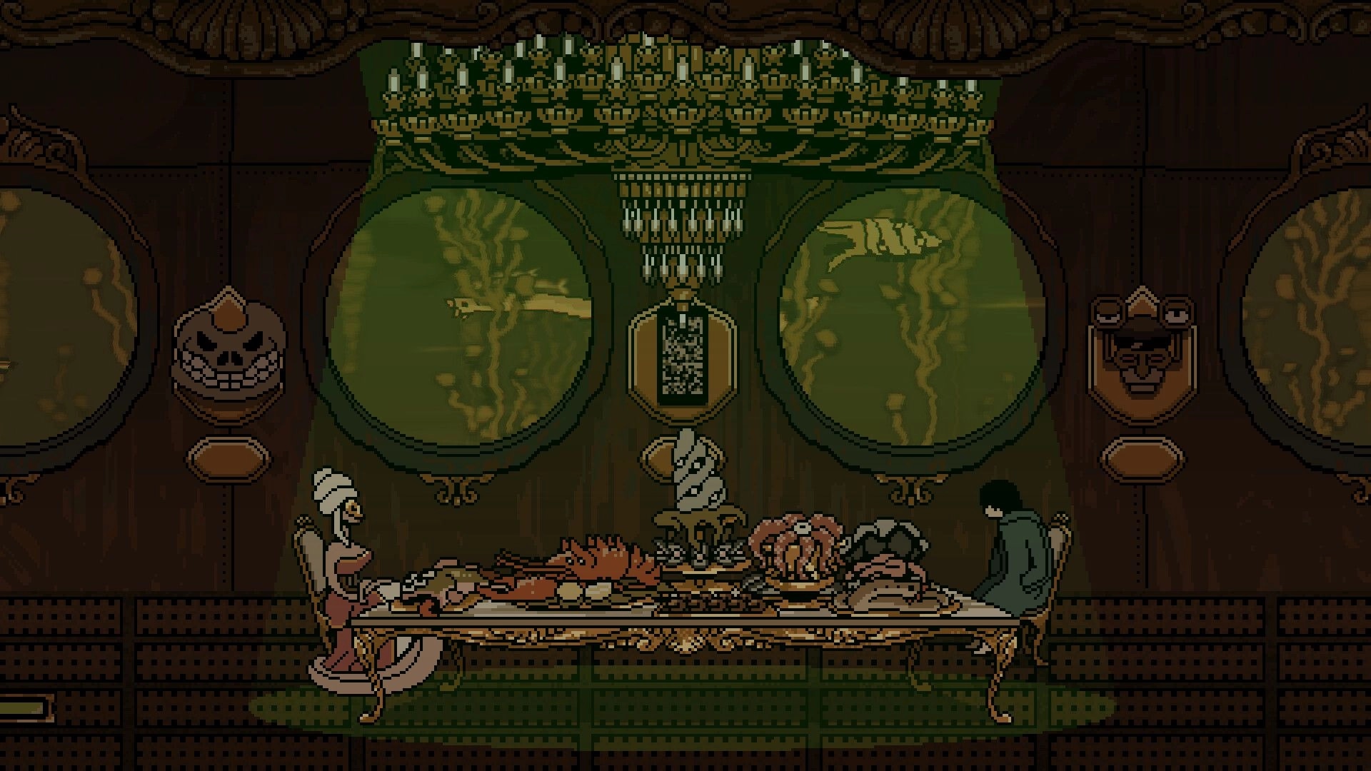 Unsound Love: Two figures seated at a banquet table in an ornate dining car with green windows.