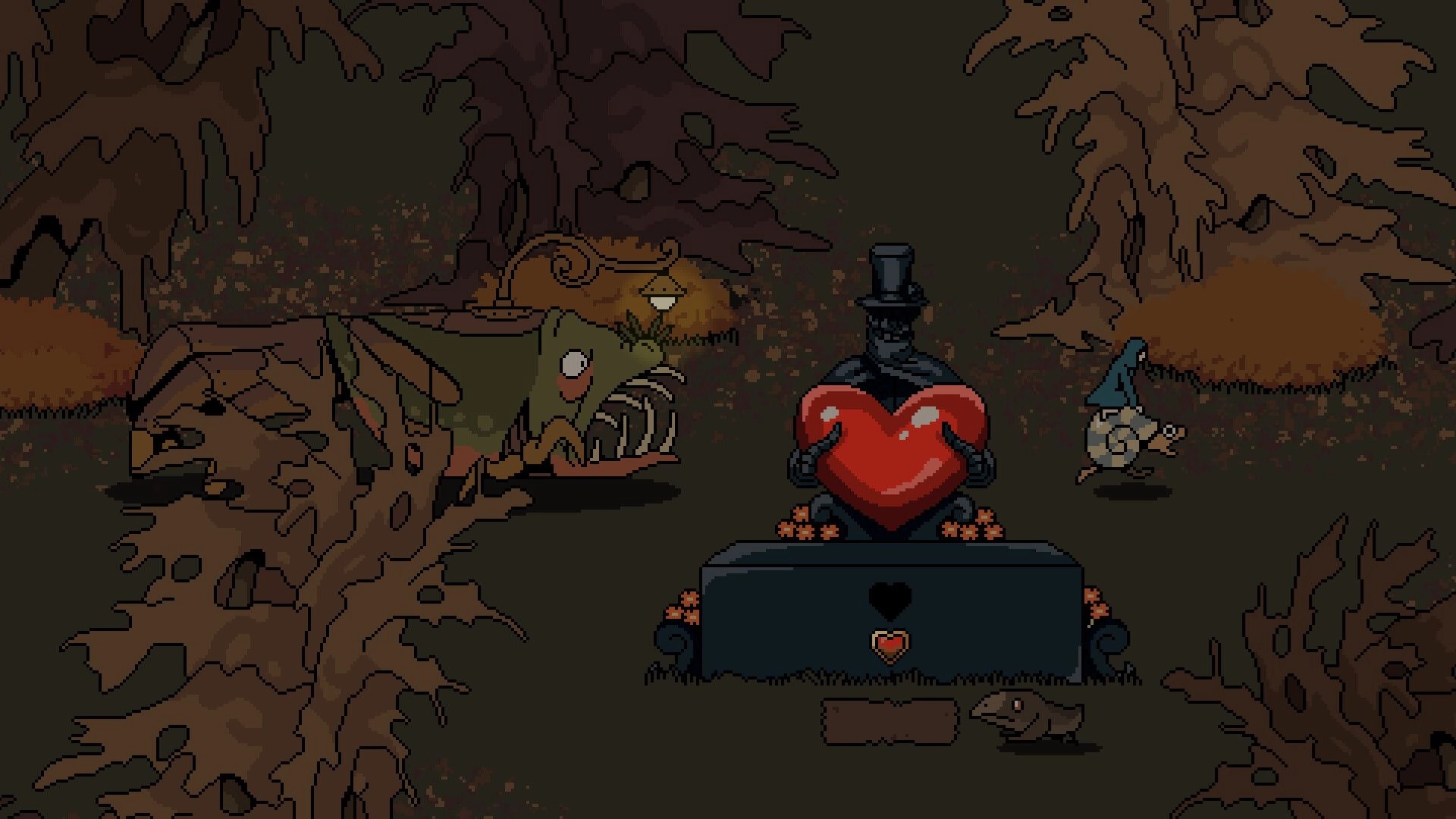 Unsound Love: Top-hatted statue holding a red heart beside a gnome in a dark forest clearing.