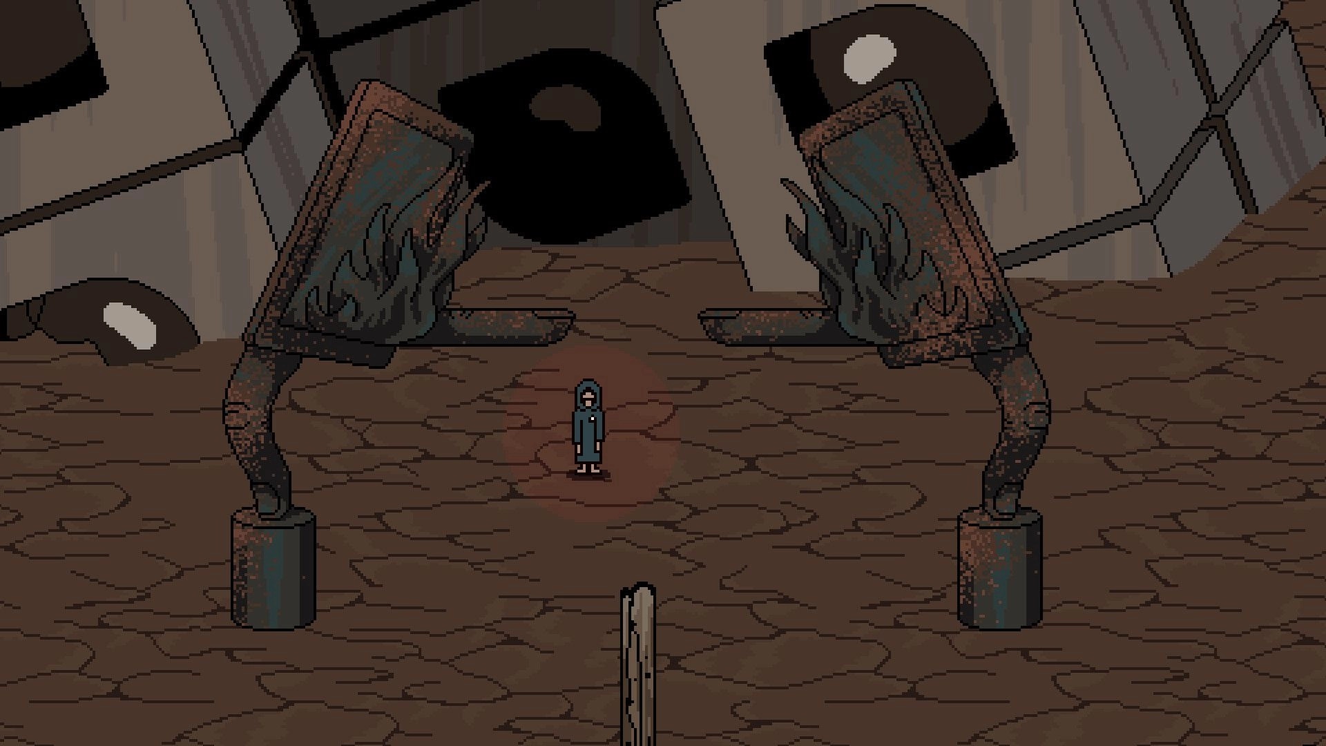 Unsound Love: Hooded figure stands between two broken signposts in a cracked, barren courtyard.